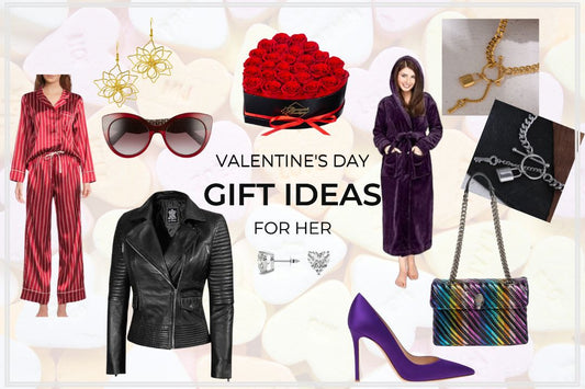 2pc red satin pjs + heart shaped box of roses + gold dangling flower earrings + black leather jacket + heart diamond earrings + hooded robe + lockedIN necklaces + purple satin pumps + multicolor bag