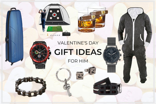 blue hardcase golf bag + golf practice set + whiskey/cigar glasses + bike chain bracelet + GUCCI cufflinks and keychain + onesie + GV2 watch + Bally belt + VERSUS watch