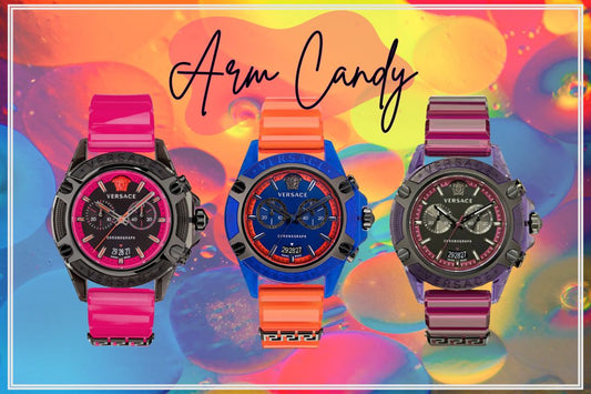 VERSACE bright rubber watches in pink/black, orange/blue, and magenta/purple