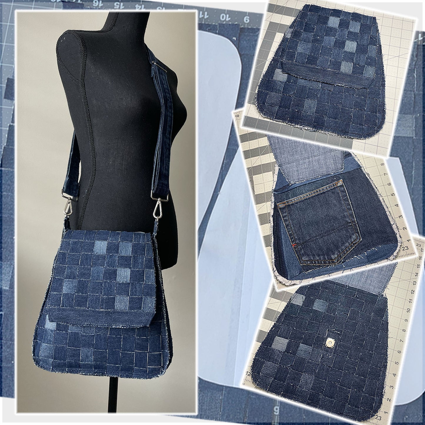 HandCrafted weaved denim designer crossbody bag.