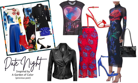Leather motorcycle jacket + LOVE graphic print tee + red and blue floral bodycon skirt + Red and Blue ankle strap heels options + full rose print front bodycon dress + handbag