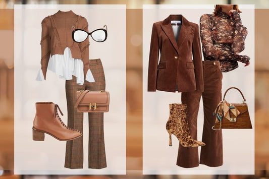 Look 1: Camel sweater layered over white shirt + plaid pant + lace up camel booties. Look 2: Brown corduroy suit + crushed velvet brown booties