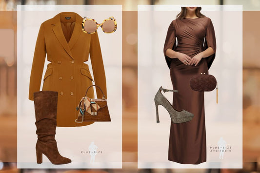 Look 1: camel color double breast coat dress + brown suede slouch boot + retro handbag + Light tortoise sunglasses. Look 2: Chocolate brown bodycon with draped back gown + chocolate studded pumps + chocolate velvet clutch