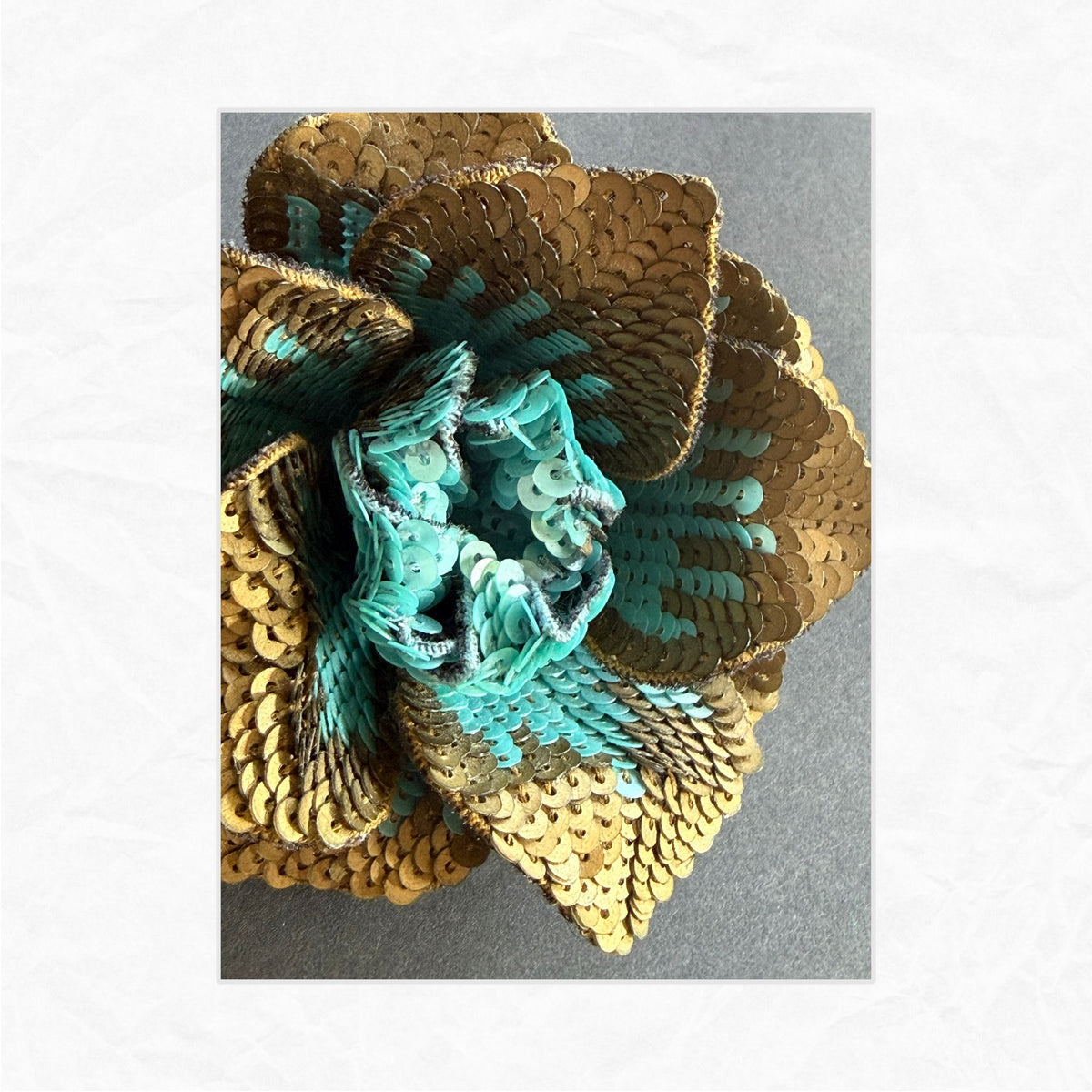 Johnny Loves Rosie 3D Sequined Flower Brooch Applique Patch – Gold & Turquoise