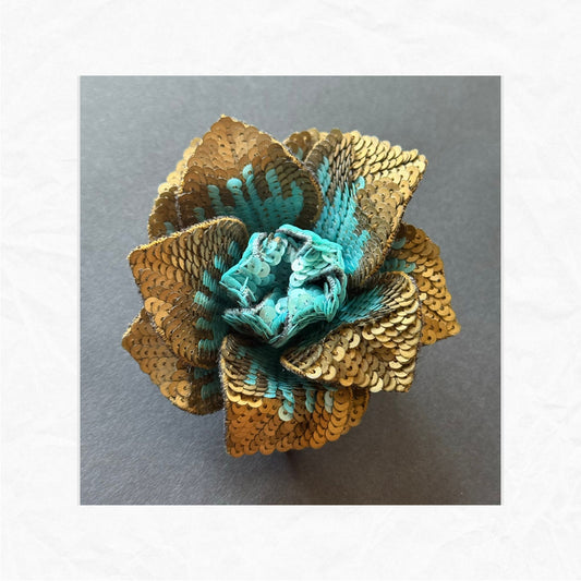 Johnny Loves Rosie 3D Sequined Flower Brooch Applique Patch – Gold & Turquoise