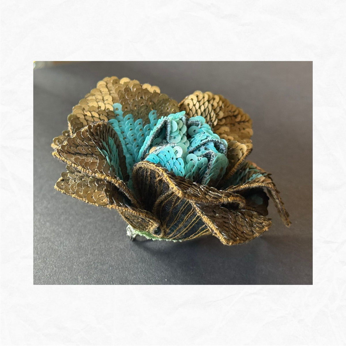 Johnny Loves Rosie 3D Sequined Flower Brooch Applique Patch – Gold & Turquoise