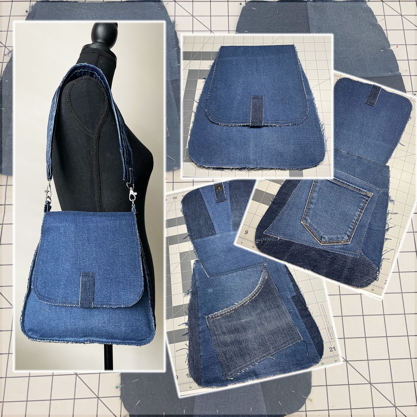 HandCrafted. Upcycled denim. Designer shoulder bag. 